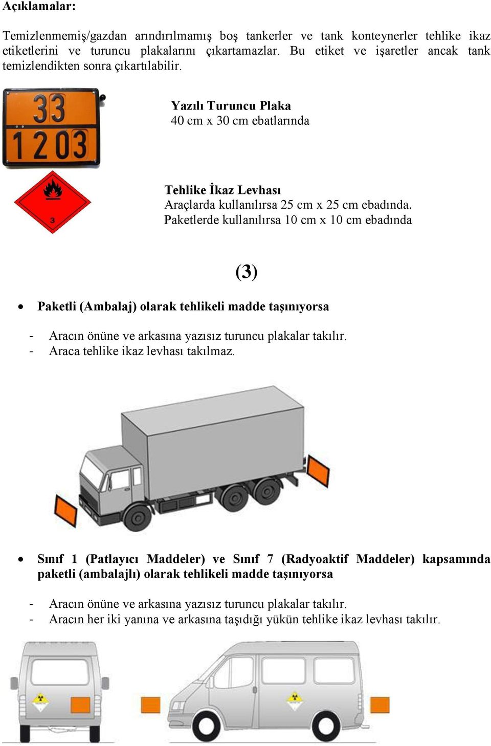 Paketlerde kullanılırsa 10 cm x 10 cm ebadında (3) Paketli (Ambalaj) olarak tehlikeli madde taşınıyorsa - Aracın önüne ve arkasına yazısız turuncu plakalar takılır.