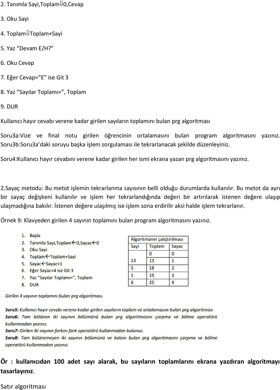 Soru3b:Soru3a daki soruyu başka işlem sorgulaması ile tekrarlanacak şekilde düzenleyiniz. Soru4:Kullanıcı hayır cevabını verene kadar girilen her ismi ekrana yazan prg algoritmasını yazınız. 2.