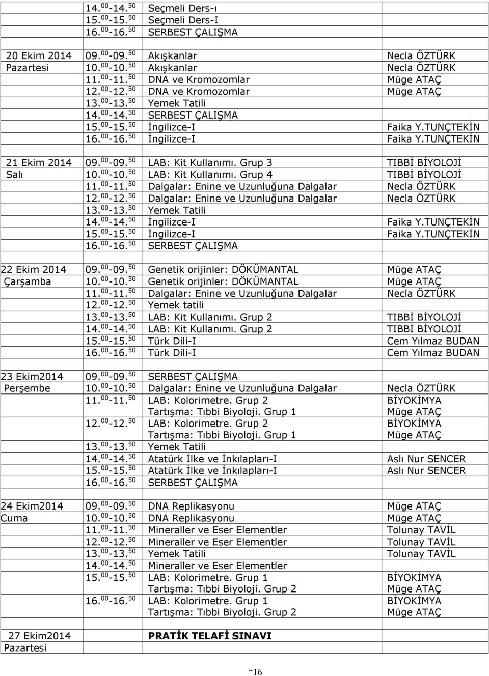 00-09. 50 LAB: Kit Kullanımı. Grup 3 TIBBİ BİYOLOJİ Salı 10. 00-10. 50 LAB: Kit Kullanımı. Grup 4 TIBBİ BİYOLOJİ 11. 00-11. 50 Dalgalar: Enine ve Uzunluğuna Dalgalar Necla ÖZTÜRK 12. 00-12.