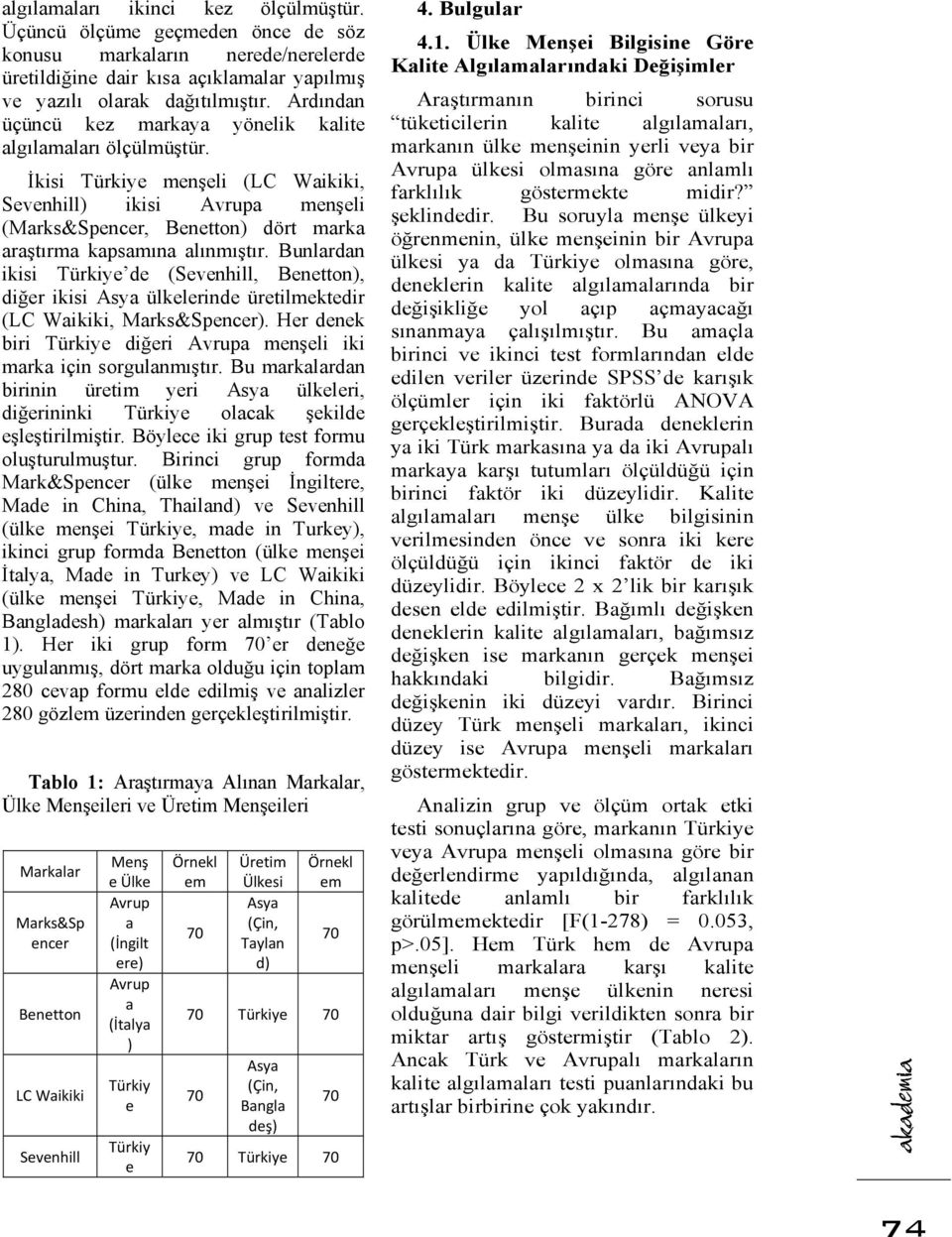 İkisi Türkiye menşeli (LC Waikiki, Sevenhill) ikisi Avrupa menşeli (Marks&Spencer, Benetton) dört marka araştırma kapsamına alınmıştır.