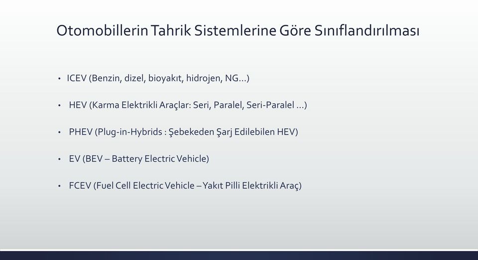 Seri-Paralel ) PHEV (Plug-in-Hybrids : Şebekeden Şarj Edilebilen HEV) EV (BEV