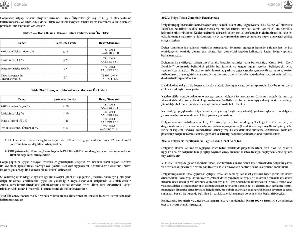 Tablo-206-2 Dona Hassas Olmayan Taban Malzemesinin Özellikleri Deney Şartname Limiti Deney Standardı 0,075 mm Elekten Geçen, % 12 Likit Limit (LL), % 25 Plastisite İndeksi (PI), % 6 Kaba Agregada Su