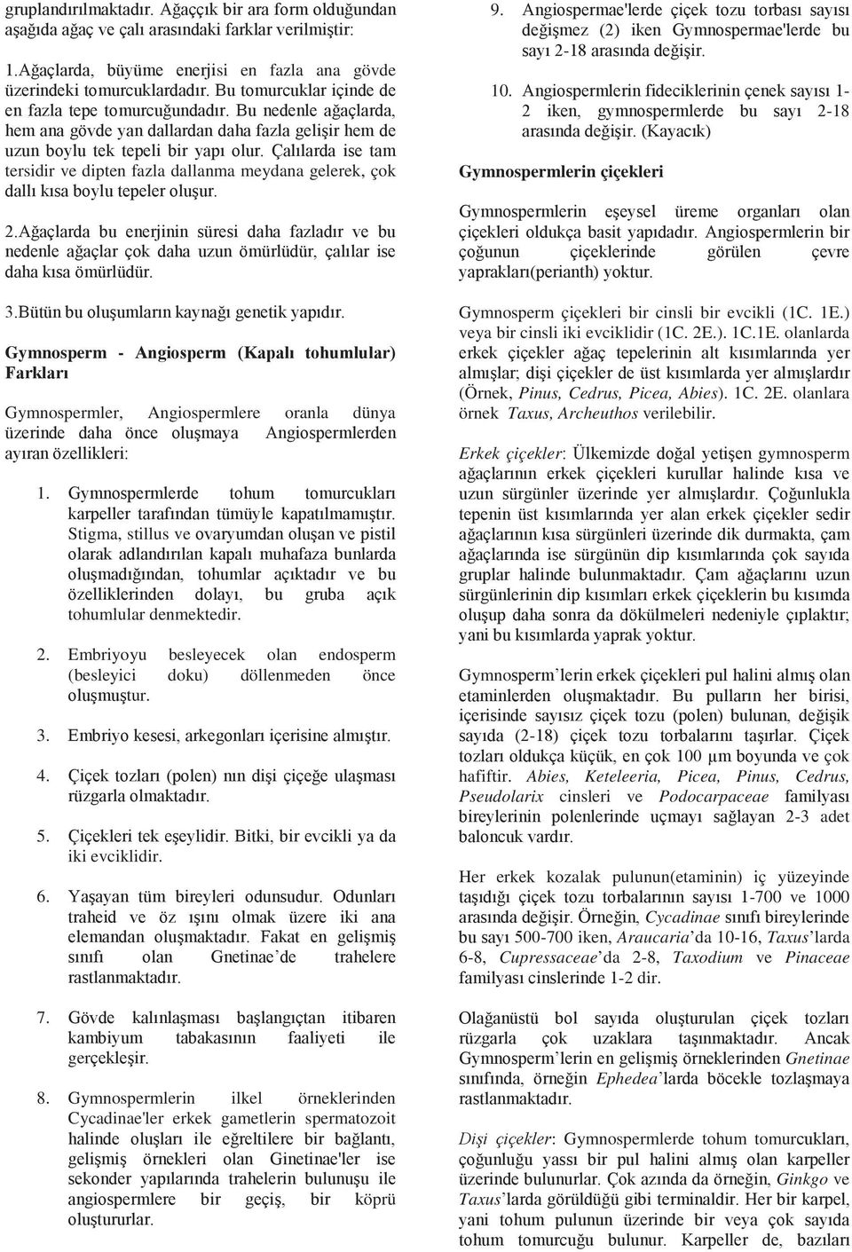 - 10. - -18 Gymnospermlerin çiçekleri Gymnosperm çiçekleri bir cinsli bir evcikli (1C. 1E.) veya bir cinsli iki evciklidir (1C. 2E.). 1C.1E. olanlarda (Örnek, Pinus, Cedrus, Picea, Abies). 1C. 2E. olanlara örnek Taxus, Archeuthos verilebilir.