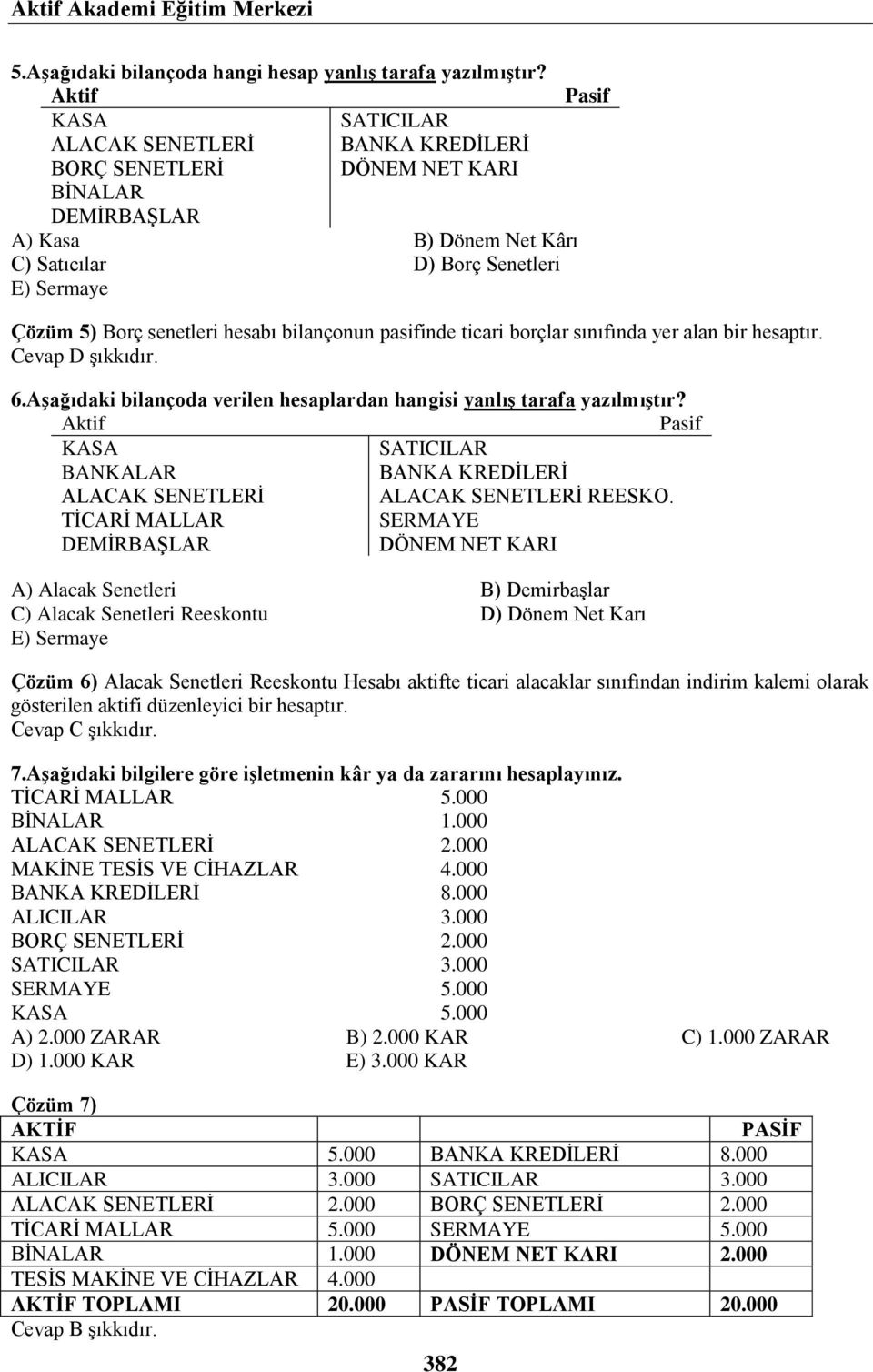 senetleri hesabı bilançonun pasifinde ticari borçlar sınıfında yer alan bir hesaptır. 6.Aşağıdaki bilançoda verilen hesaplardan hangisi yanlış tarafa yazılmıştır?