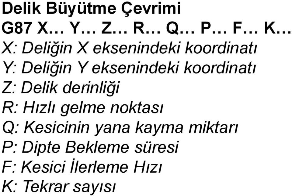 Delik derinliği R: Hızlı gelme noktası Q: Kesicinin yana kayma