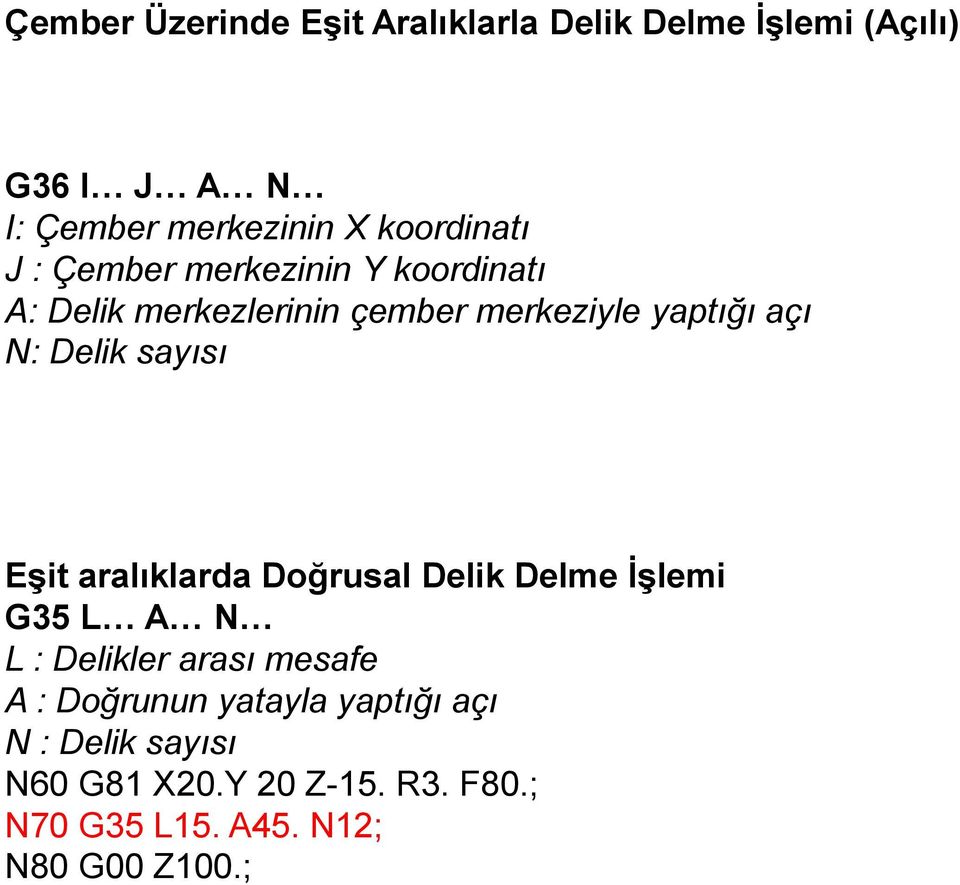 Delik sayısı Eşit aralıklarda Doğrusal Delik Delme İşlemi G35 L A N L : Delikler arası mesafe A :