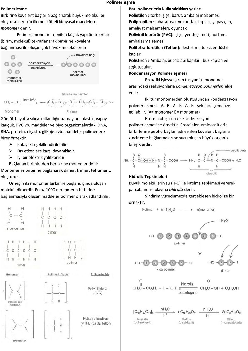 Günlük hayatta sıkça kullandığımız, naylon, plastik, yapay kauçuk, PVC vb. maddeler ve biyo organizmalardaki DNA, RNA, protein, nişasta, glikojen vb. maddeler polimerlere birer örnektir.