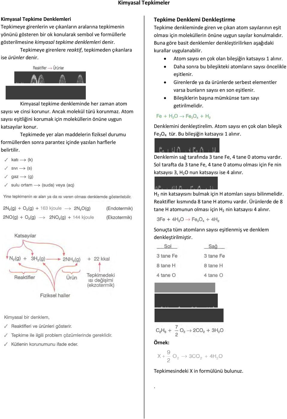 Atom sayısı eşitliğini korumak için moleküllerin önüne uygun katsayılar konur. Tepkimede yer alan maddelerin fiziksel durumu formüllerden sonra parantez içinde yazılan harflerle belirtilir.