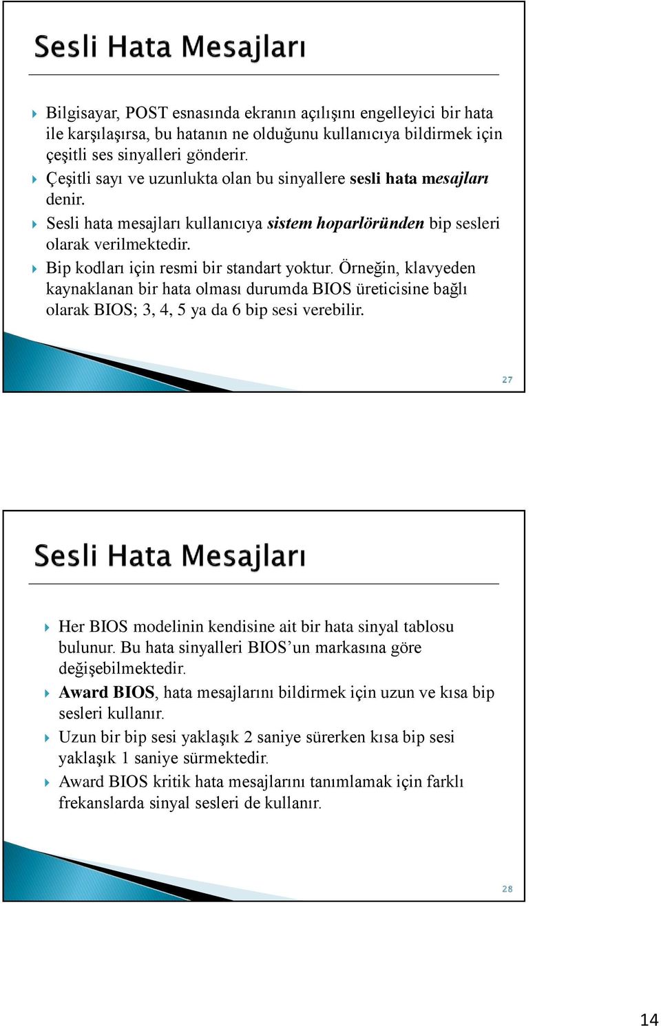 Bip kodları için resmi bir standart yoktur. Örneğin, klavyeden kaynaklanan bir hata olması durumda BIOS üreticisine bağlı olarak BIOS; 3, 4, 5 ya da 6 bip sesi verebilir.