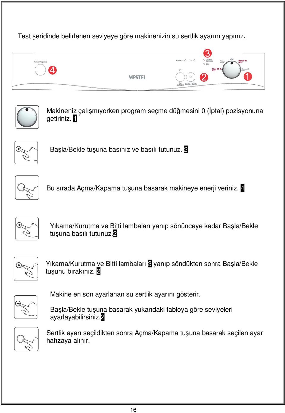 4 Yıkama/Kurutma ve Bitti lambaları yanıp sönünceye kadar Başla/Bekle tuşuna basılı tutunuz.