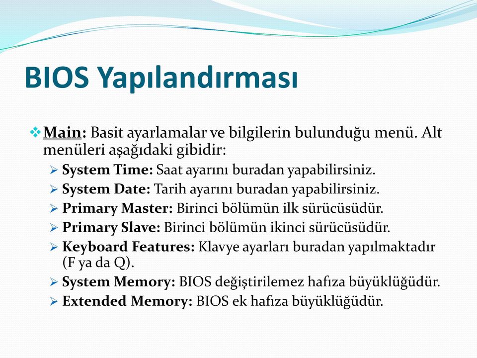 System Date: Tarih ayarını buradan yapabilirsiniz. Primary Master: Birinci bölümün ilk sürücüsüdür.