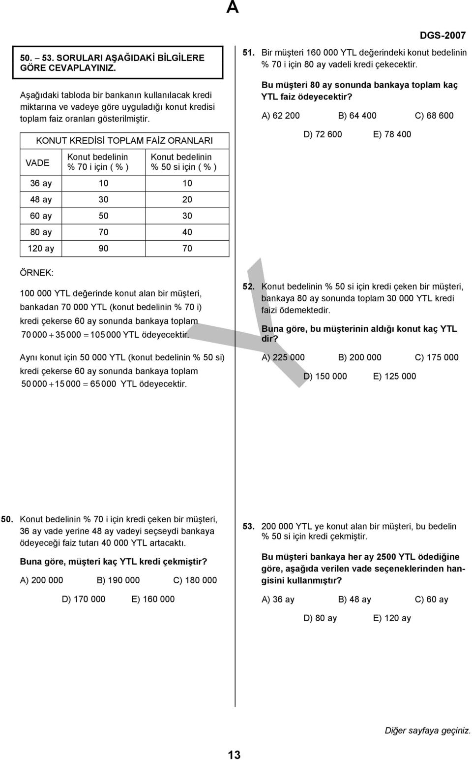 alan bir müşteri, bankadan 70 000 YTL (konut bedelinin % 70 i) kredi çekerse 60 ay sonunda bankaya toplam 70000 + 000 = 10000 YTL ödeyecektir.