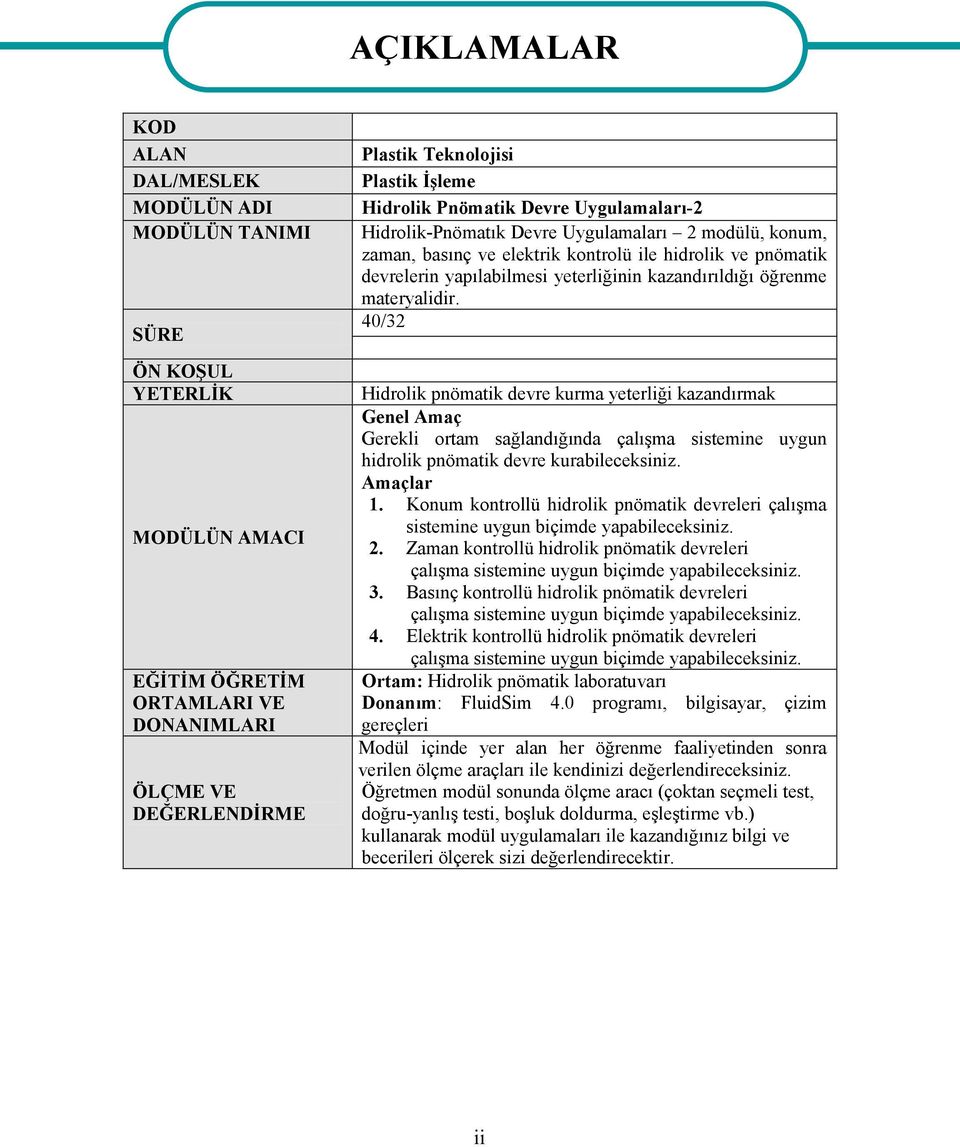 kazandırıldığı öğrenme materyalidir. 40/32 Hidrolik pnömatik devre kurma yeterliği kazandırmak Genel Amaç Gerekli ortam sağlandığında çalışma sistemine uygun hidrolik pnömatik devre kurabileceksiniz.