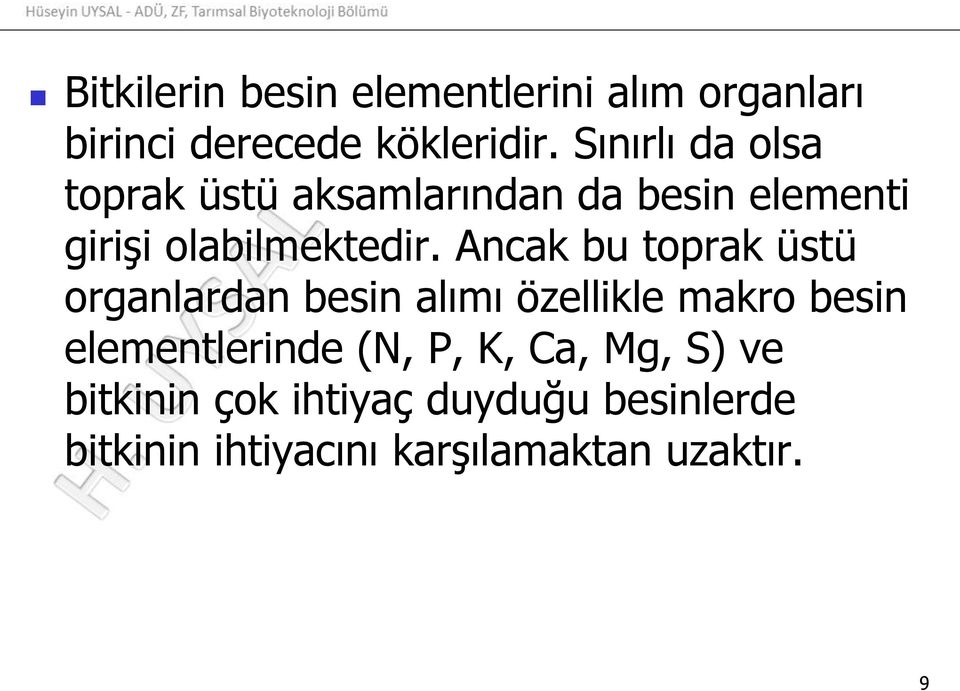 Ancak bu toprak üstü organlardan besin alımı özellikle makro besin elementlerinde (N,