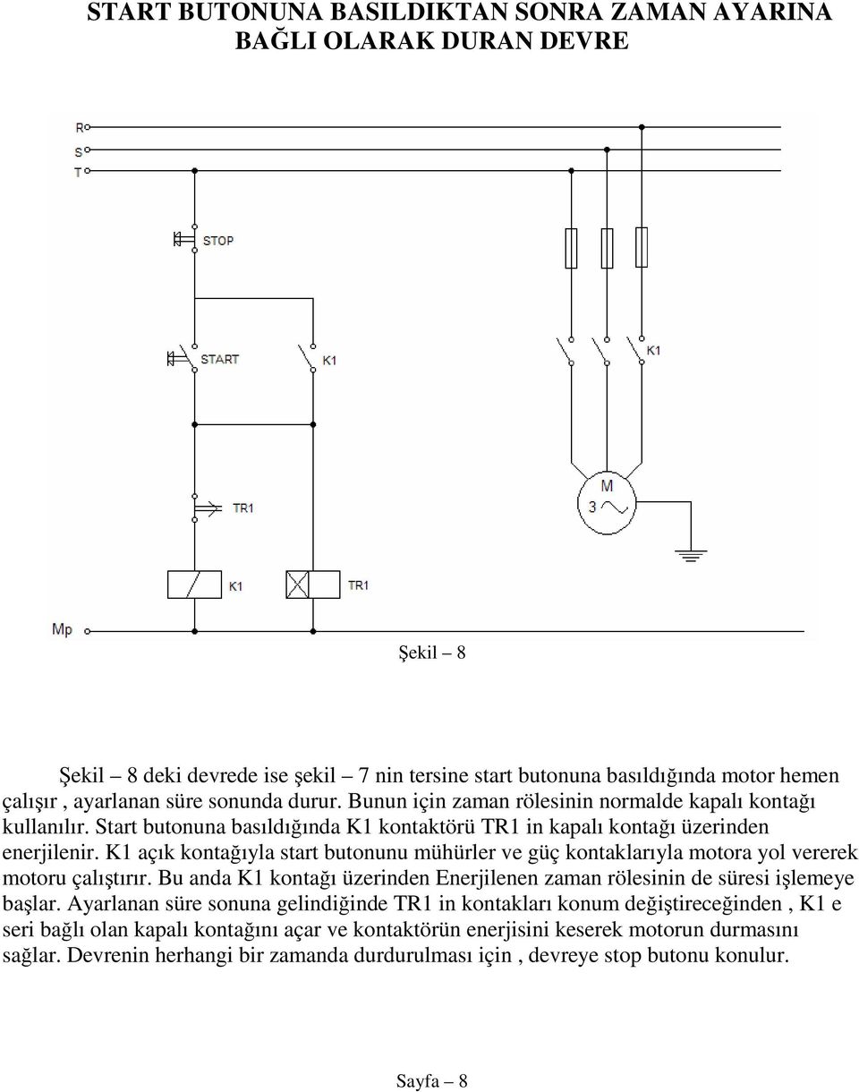 K1 açık kontağıyla start butonunu mühürler ve güç kontaklarıyla motora yol vererek motoru çalıştırır. Bu anda K1 kontağı üzerinden Enerjilenen zaman rölesinin de süresi işlemeye başlar.