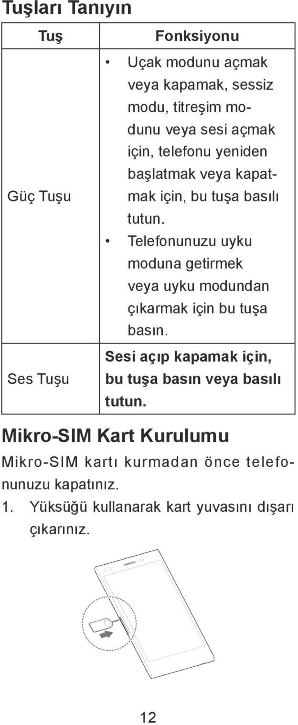 Telefonunuzu uyku moduna getirmek veya uyku modundan çıkarmak için bu tuşa basın.