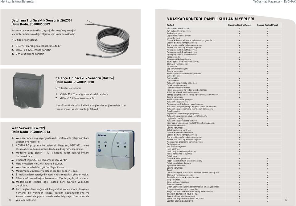 Web Server (OZW672) Ürün Kodu: 90400860013 Kelepçe Tipi Sıcaklık Sensörü (QAD36) Ürün Kodu: 90400860010 NTC tipi bir sensördür. 1. -30 ile 125 ºC aralığında çalışabilmektedir. 2.