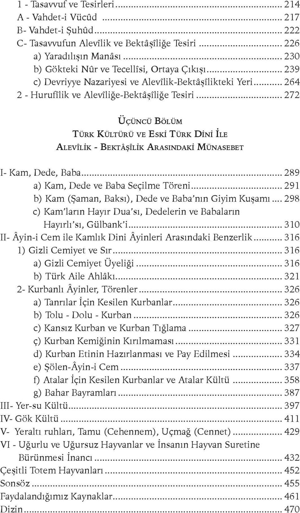 .. 272 Üçüncü Bölüm Türk Kültürü ve EskI Türk DInI İle AlevîlIk - BektâşîlIk ArasındakI Münasebet I- Kam, Dede, Baba... 289 a) Kam, Dede ve Baba Seçilme Töreni.