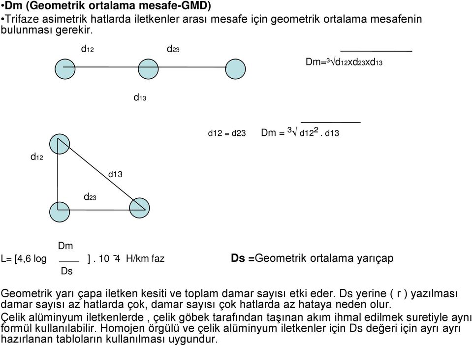 10 4 H/km faz Ds =Geometrik ortalama yarıçap Ds Geometrik yarı çapa iletken kesiti ve toplam damar sayısı etki eder.