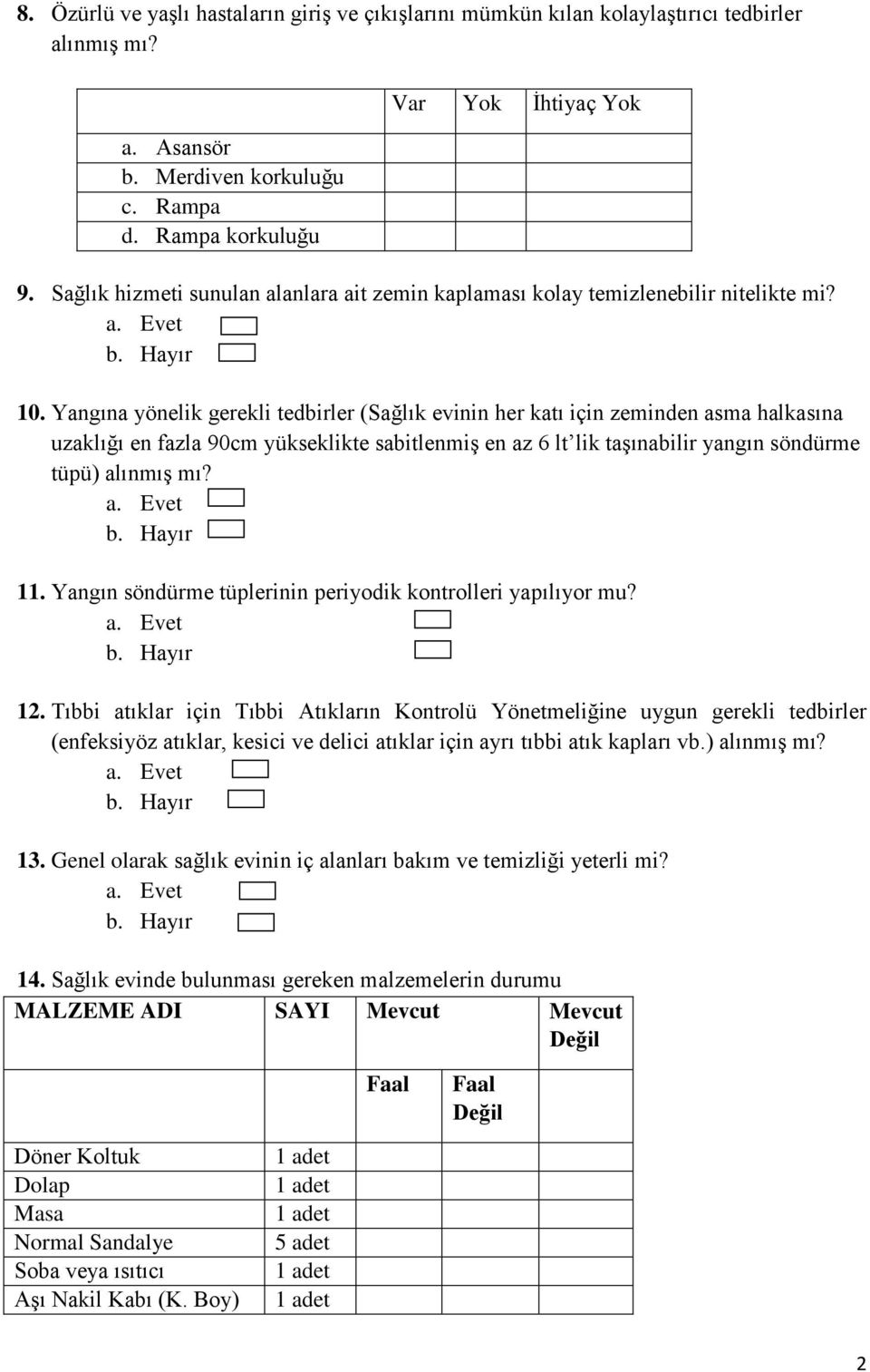 Yangına yönelik gerekli tedbirler (Sağlık evinin her katı için zeminden asma halkasına uzaklığı en fazla 90cm yükseklikte sabitlenmiş en az 6 lt lik taşınabilir yangın söndürme tüpü) alınmış mı? 11.