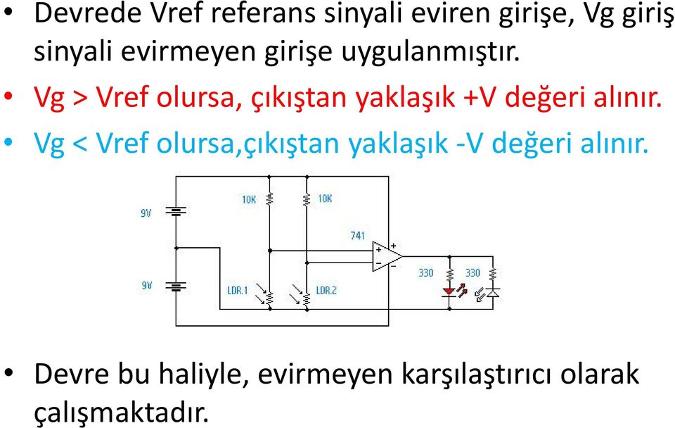 Vg > Vref olursa, çıkıştan yaklaşık +V değeri alınır.