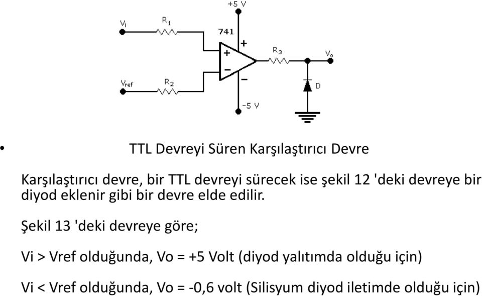 Şekil 13 'deki devreye göre; Vi > Vref olduğunda, Vo = +5 Volt (diyod yalıtımda