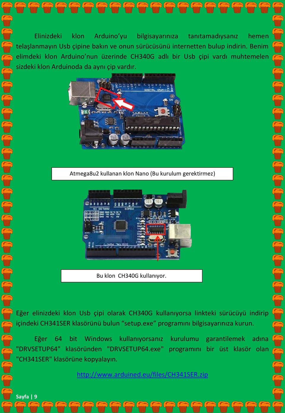 Atmega8u2 kullanan klon Nano (Bu kurulum gerektirmez) Bu klon CH340G kullanıyor.