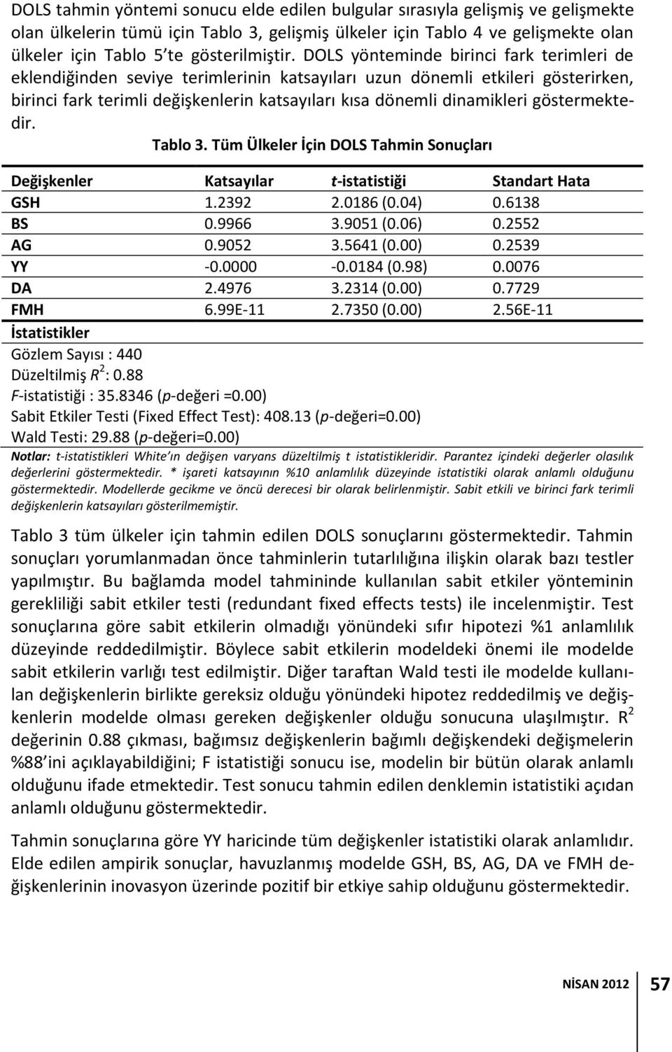 DOLS yönteminde birinci fark terimleri de eklendiğinden seviye terimlerinin katsayıları uzun dönemli etkileri gösterirken, birinci fark terimli değişkenlerin katsayıları kısa dönemli dinamikleri