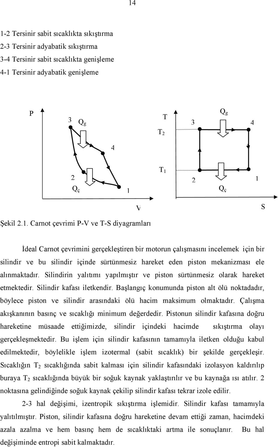 Carnot çevrimi P-V ve T-S diyagramları İdeal Carnot çevrimini gerçekleştiren bir motorun çalışmasını incelemek için bir silindir ve bu silindir içinde sürtünmesiz hareket eden piston mekanizması ele