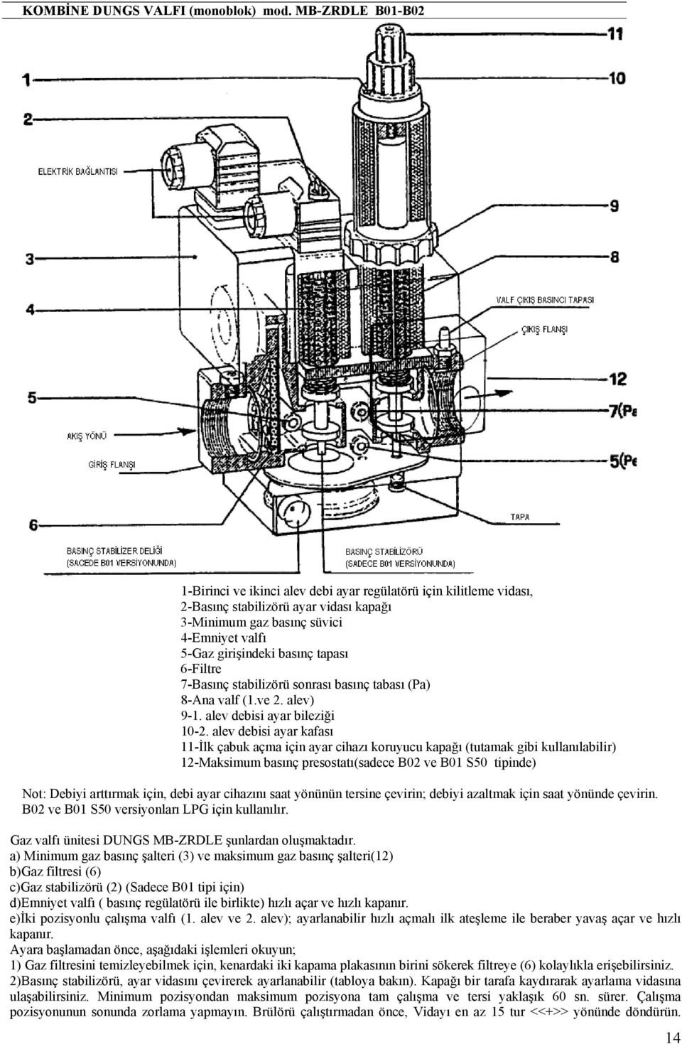 tapası 6-Filtre 7-Basınç stabilizörü sonrası basınç tabası (Pa) 8-Ana valf (1.ve 2. alev) 9-1. alev debisi ayar bileziği 10-2.