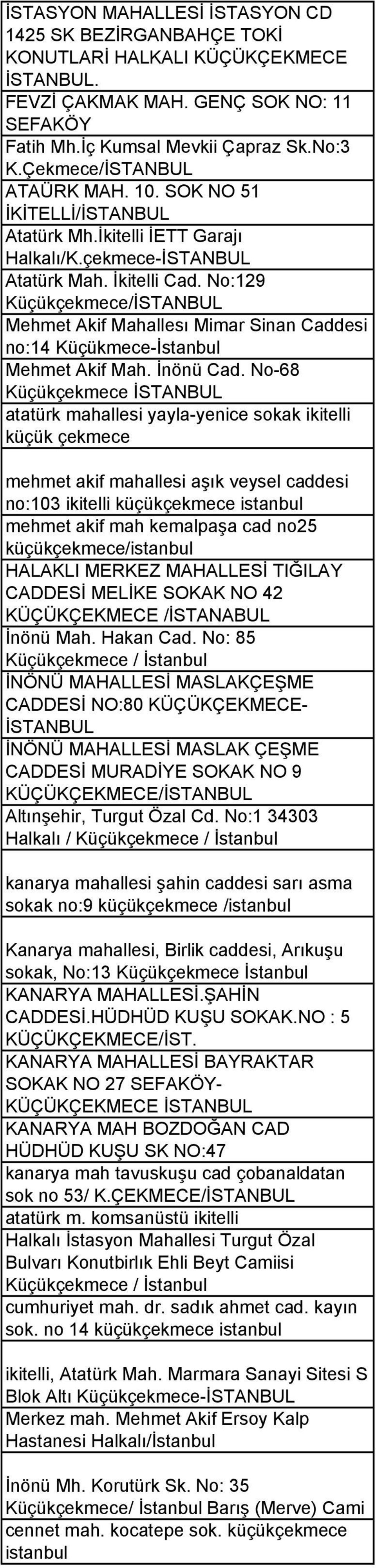 No:129 Küçükçekmece/İSTANBUL Mehmet Akif Mahallesı Mimar Sinan Caddesi no:14 Küçükmece-İstanbul Mehmet Akif Mah. İnönü Cad.