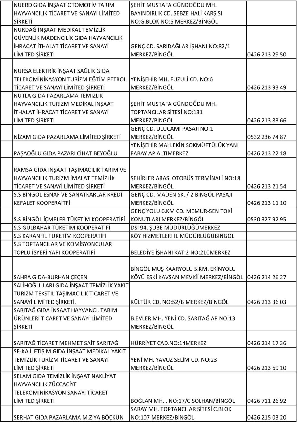 SARIDAĞLAR İŞHANI NO:82/1 MERKEZ/BİNGÖL 0426 213 29 50 NURSA ELEKTRİK İNŞAAT SAĞLIK GIDA TELEKOMİNİKASYON TURİZM EĞTİM PETROL TİCARET VE SANAYİ NUTLA GIDA PAZARLAMA TEMİZLİK HAYVANCILIK TURİZM