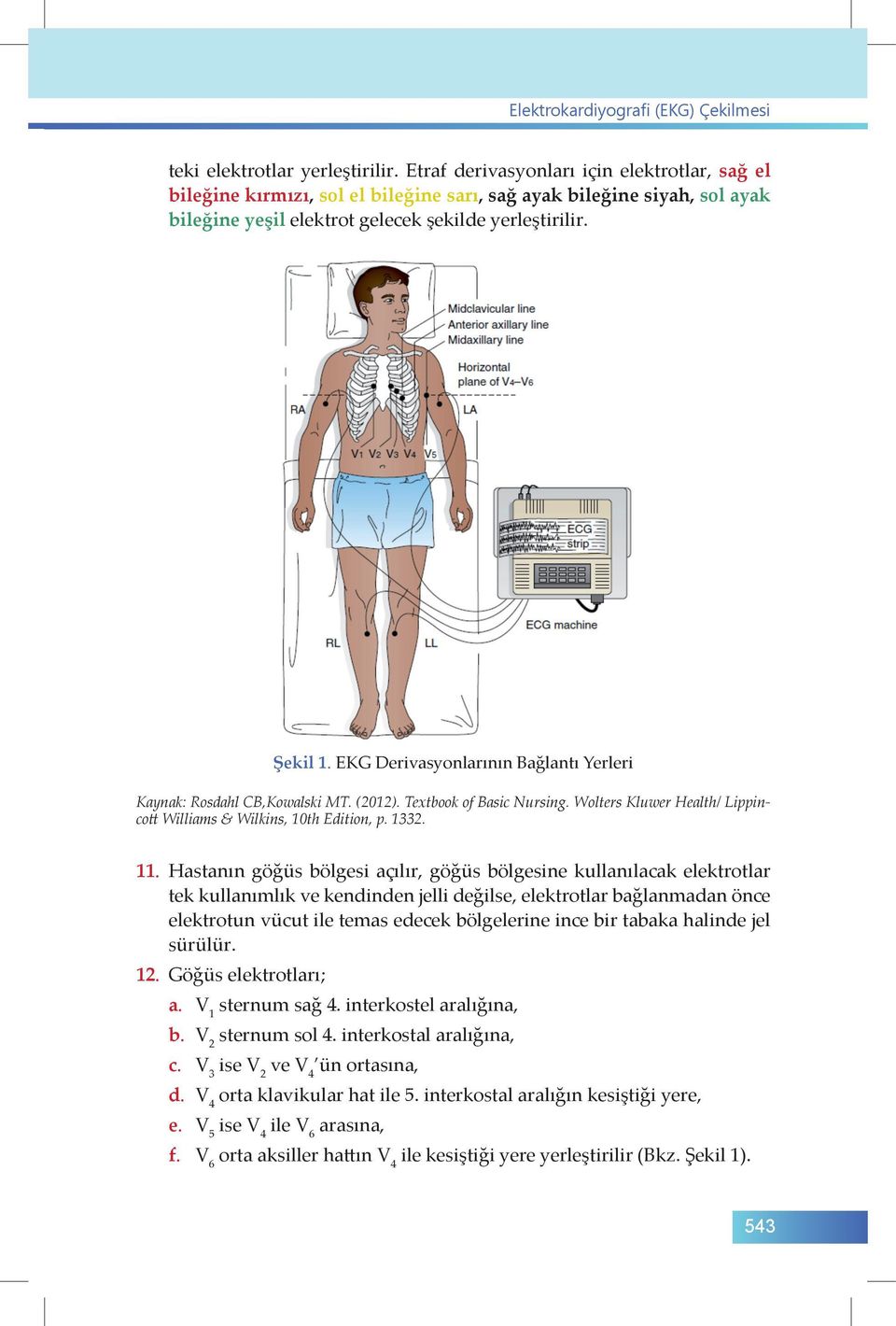 EKG Derivasyonlarının Bağlantı Yerleri Kaynak: Rosdahl CB,Kowalski MT. (2012). Textbook of Basic Nursing. Wolters Kluwer Health/ Lippincott Williams & Wilkins, 10th Edition, p. 1332. 11.
