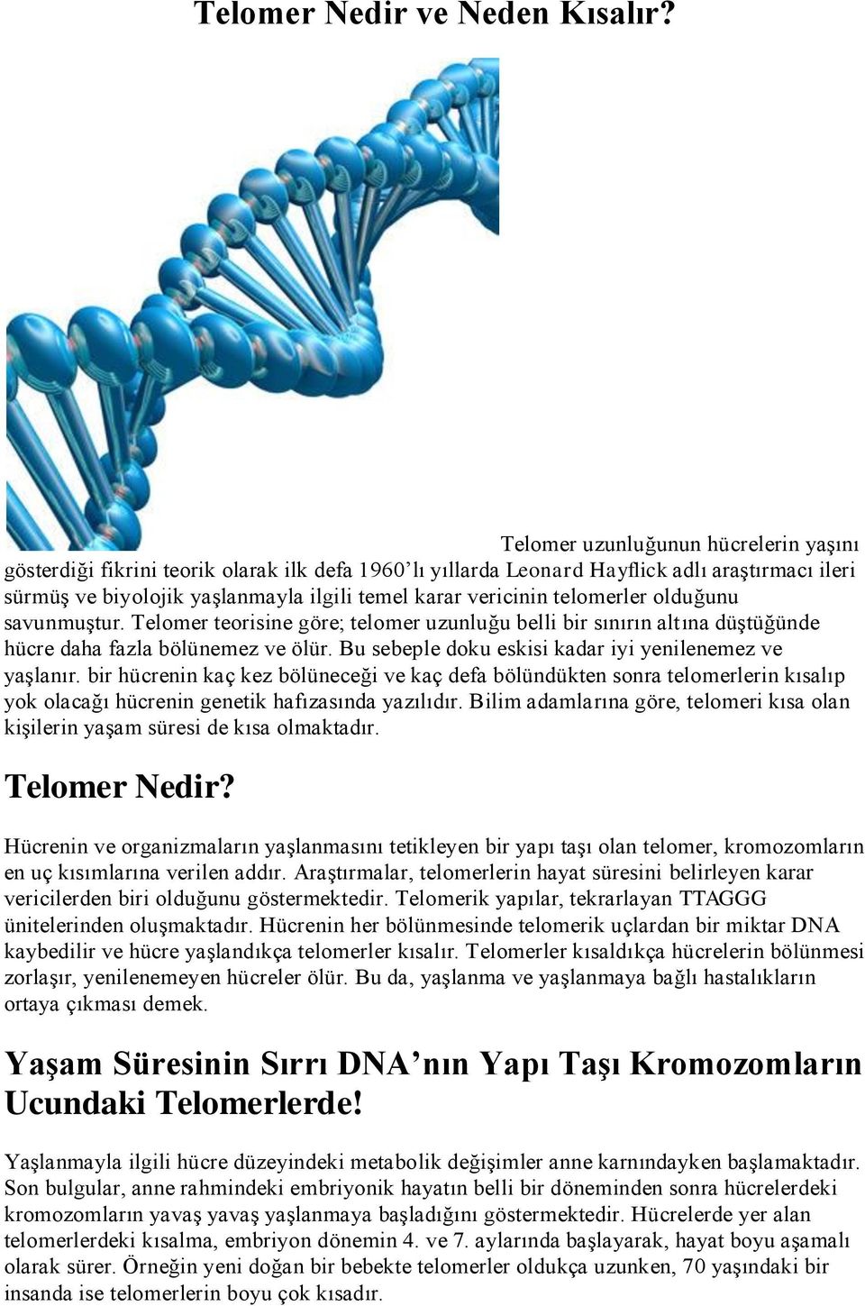 telomerler olduğunu savunmuştur. Telomer teorisine göre; telomer uzunluğu belli bir sınırın altına düştüğünde hücre daha fazla bölünemez ve ölür.