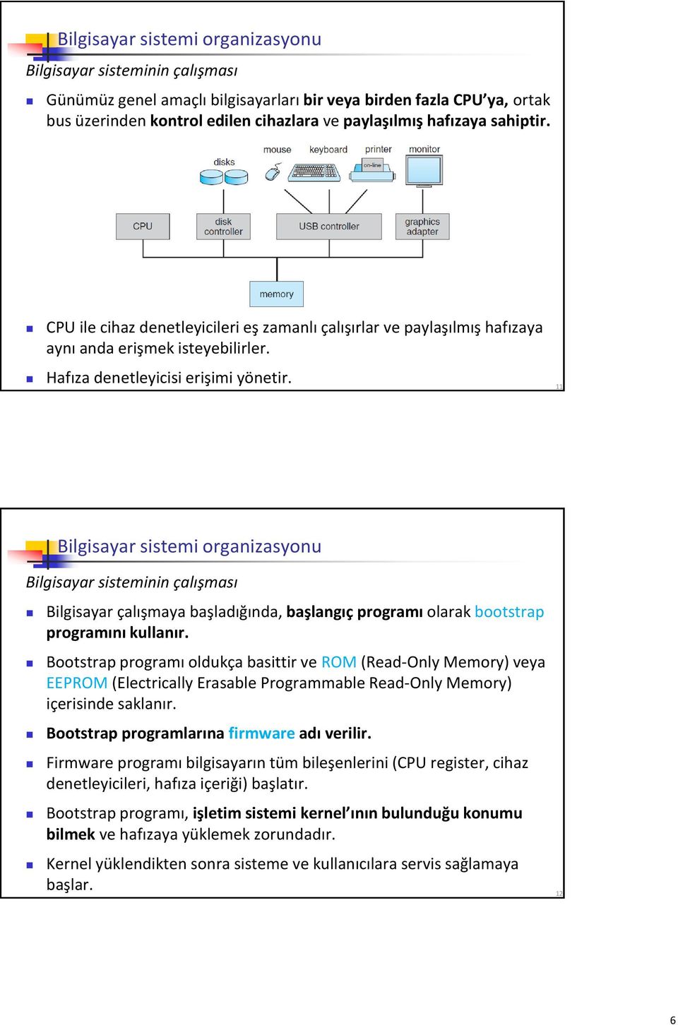 11 Bilgisayar sistemi organizasyonu Bilgisayar sisteminin çalışması Bilgisayar çalışmaya başladığında, başlangıç programı olarak bootstrap programını kullanır.