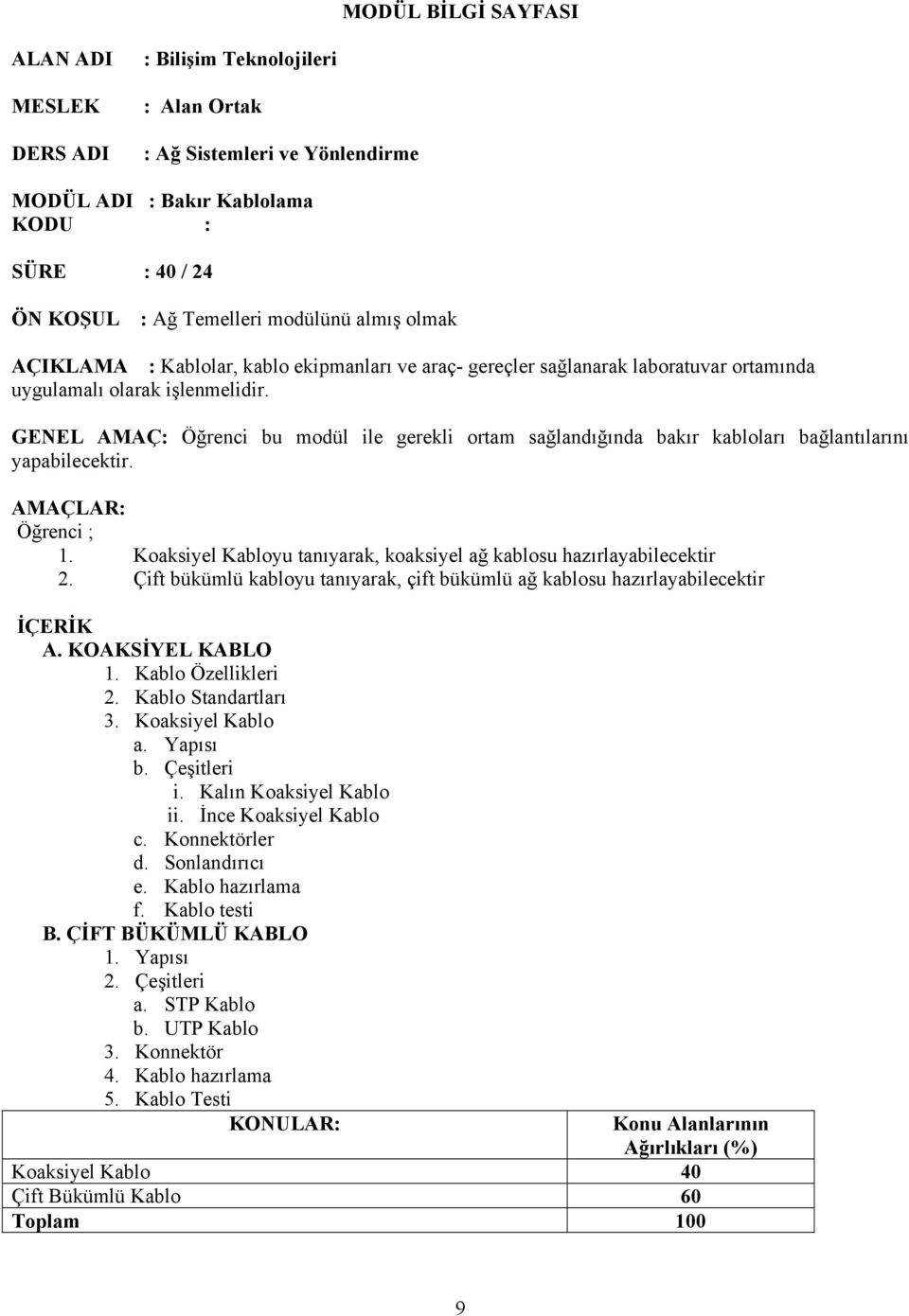 GENEL AMAÇ: Öğrenci bu modül ile gerekli ortam sağlandığında bakır kabloları bağlantılarını yapabilecektir. AMAÇLAR: Öğrenci ; 1.