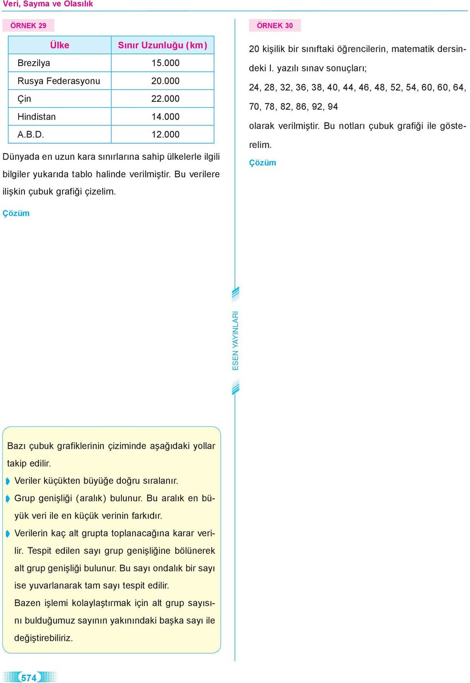 ÖRNEK 30 0 kişilik bir sınıftaki öğrencilerin, matematik dersindeki I. yazılı sınav sonuçları; 4, 8, 3, 36, 38, 40, 44, 46, 48, 5, 54, 60, 60, 64, 70, 78, 8, 86, 9, 94 olarak verilmiştir.