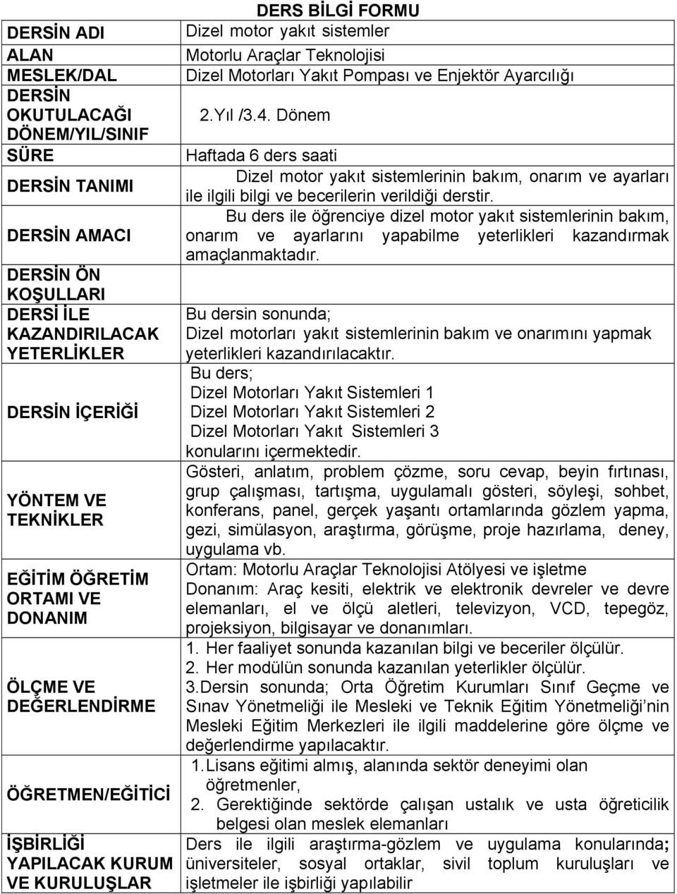 Yakıt Pompası ve Enjektör Ayarcılığı 2.Yıl /3.4. Dönem Haftada 6 ders saati Dizel motor yakıt sistemlerinin bakım, onarım ve ayarları ile ilgili bilgi ve becerilerin verildiği derstir.