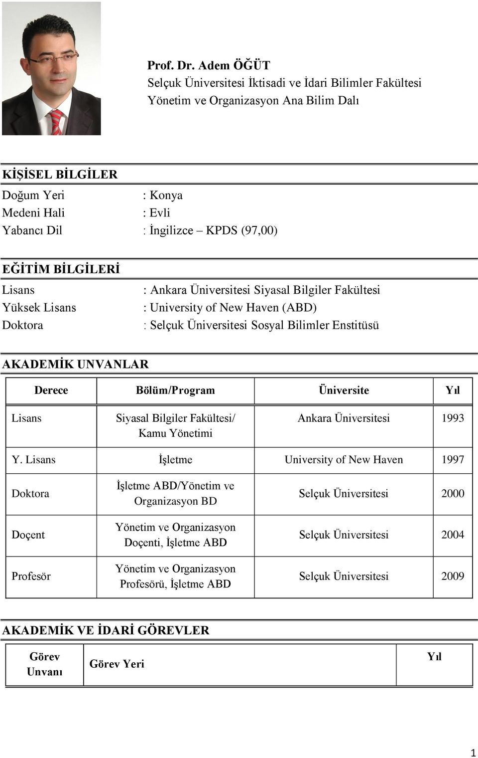 EĞİTİM BİLGİLERİ Lisans Yüksek Lisans Doktora : Ankara Üniversitesi Siyasal Bilgiler Fakültesi : University of New Haven (ABD) : Selçuk Üniversitesi Sosyal Bilimler Enstitüsü AKADEMİK UNVANLAR Derece