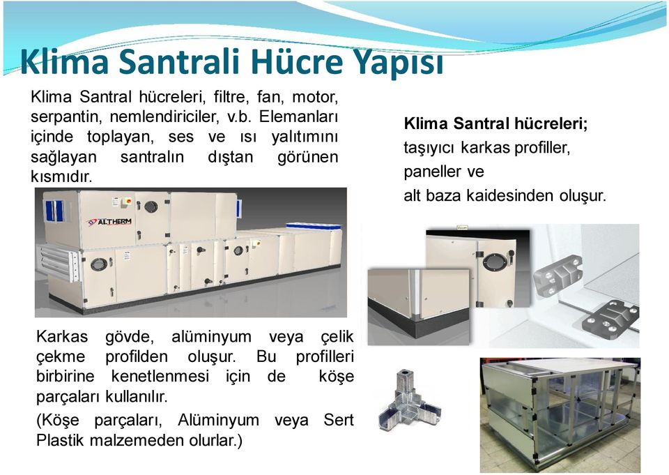 Klima Santral hücreleri; taşıyıcı karkas profiller, paneller ve alt baza kaidesinden oluşur.