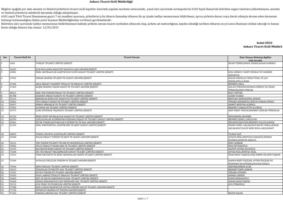 6102 sayılı Türk Ticaret Kanununun geçici 7 nci maddesi uyarınca, şirketlerin iş bu ihtarın ilanından itibaren iki ay içinde tasfiye memurunun bildirilmesi, ayrıca şirketin davacı veya davalı