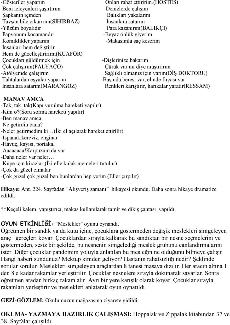 (hostes) -Denizlerde çalışım Balıkları yakalarım İnsanlara satarım Para kazanırım(balikçi) -Beyaz önlük giyerim -Makasımla saç keserim -Dişlerinize bakarım Çürük var mı diye araştırırım Sağlıklı