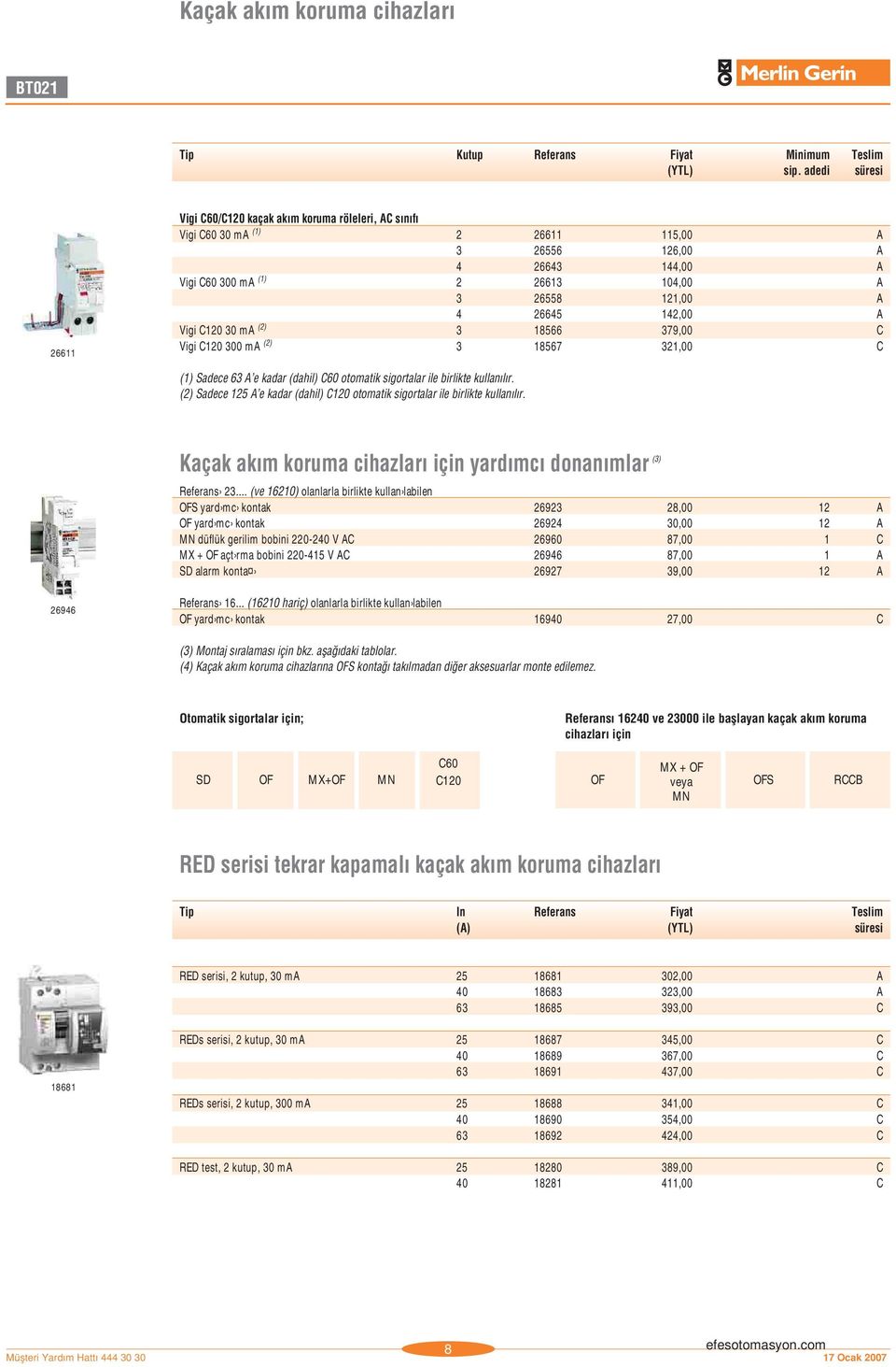 26645 142,00 A Vigi C120 30 ma (2) 3 18566 379,00 C Vigi C120 300 ma (2) 3 18567 321,00 C (1) Sadece 63 A e kadar (dahil) C60 otomatik sigortalar ile birlikte kullan l r.