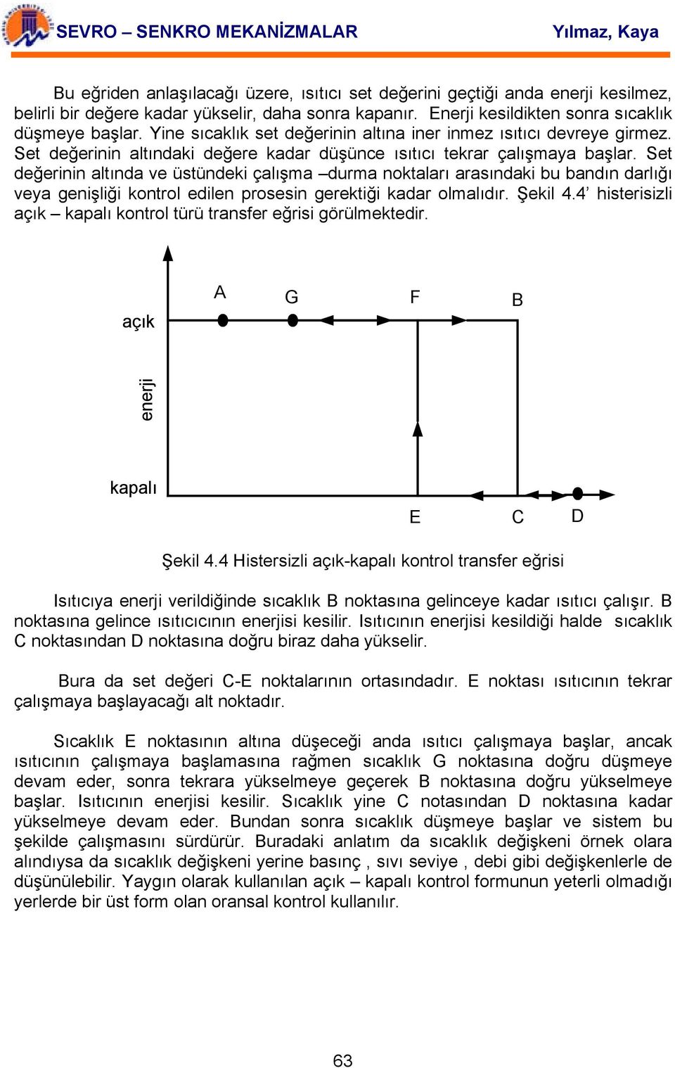 Set değerinin altında ve üstündeki çalışma durma noktaları arasındaki bu bandın darlığı veya genişliği kontrol edilen prosesin gerektiği kadar olmalıdır. Şekil 4.