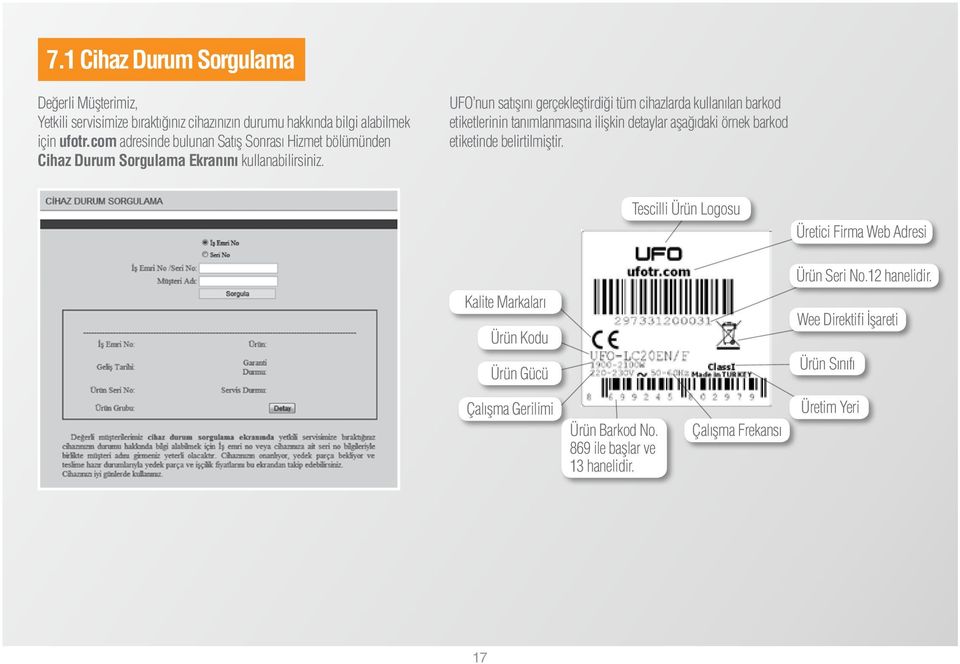 UFO nun satışını gerçekleştirdiği tüm cihazlarda kullanılan barkod etiketlerinin tanımlanmasına ilişkin detaylar aşağıdaki örnek barkod etiketinde