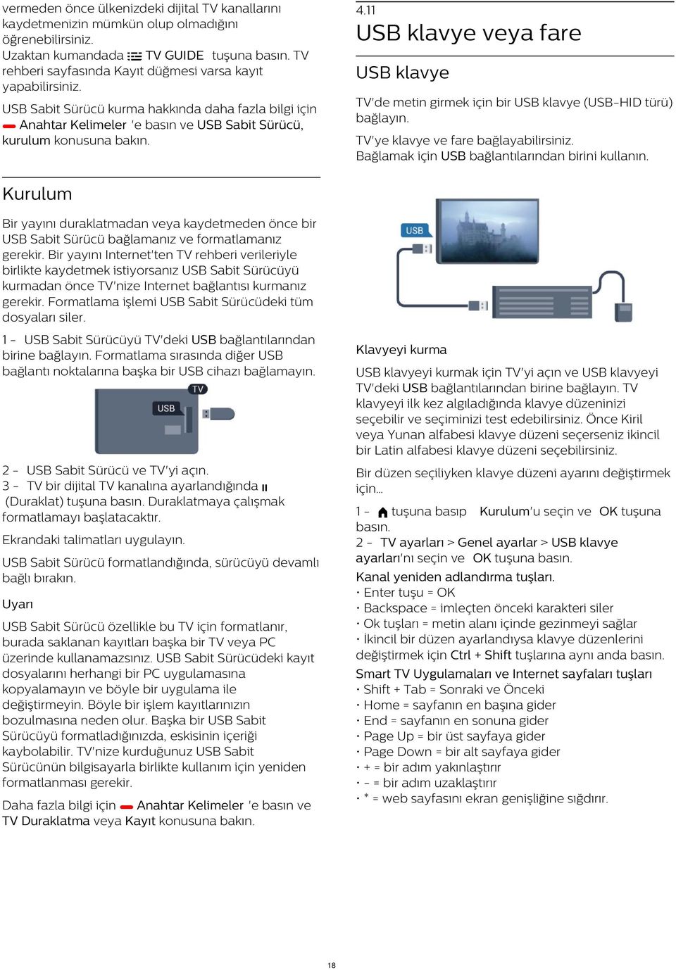 USB Sabit Sürücü kurma hakkında daha fazla bilgi için Anahtar Kelimeler 'e basın ve USB Sabit Sürücü, kurulum konusuna bakın. TV'ye klavye ve fare bağlayabilirsiniz.