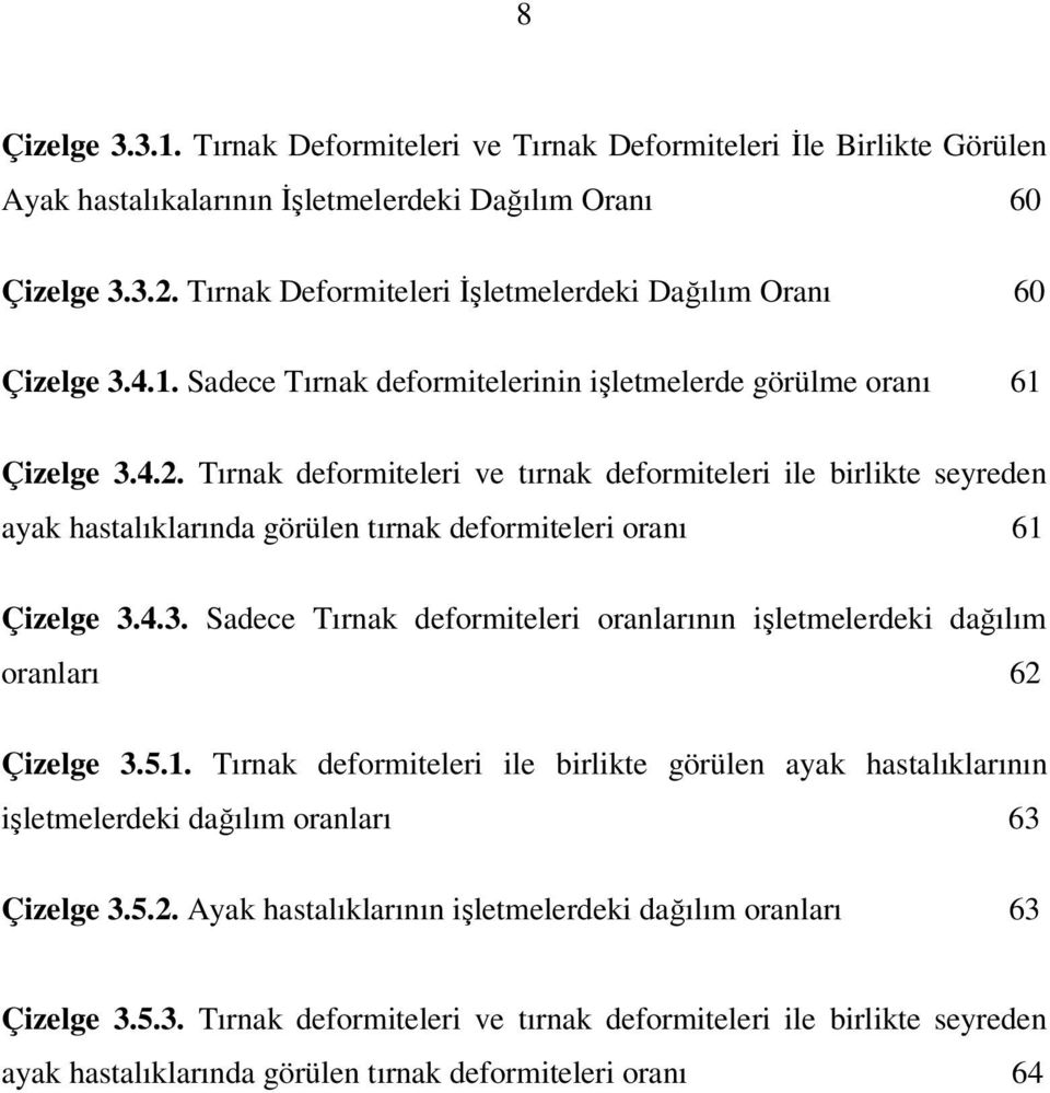 Tırnak deformiteleri ve tırnak deformiteleri ile birlikte seyreden ayak hastalıklarında görülen tırnak deformiteleri oranı 61 Çizelge 3.