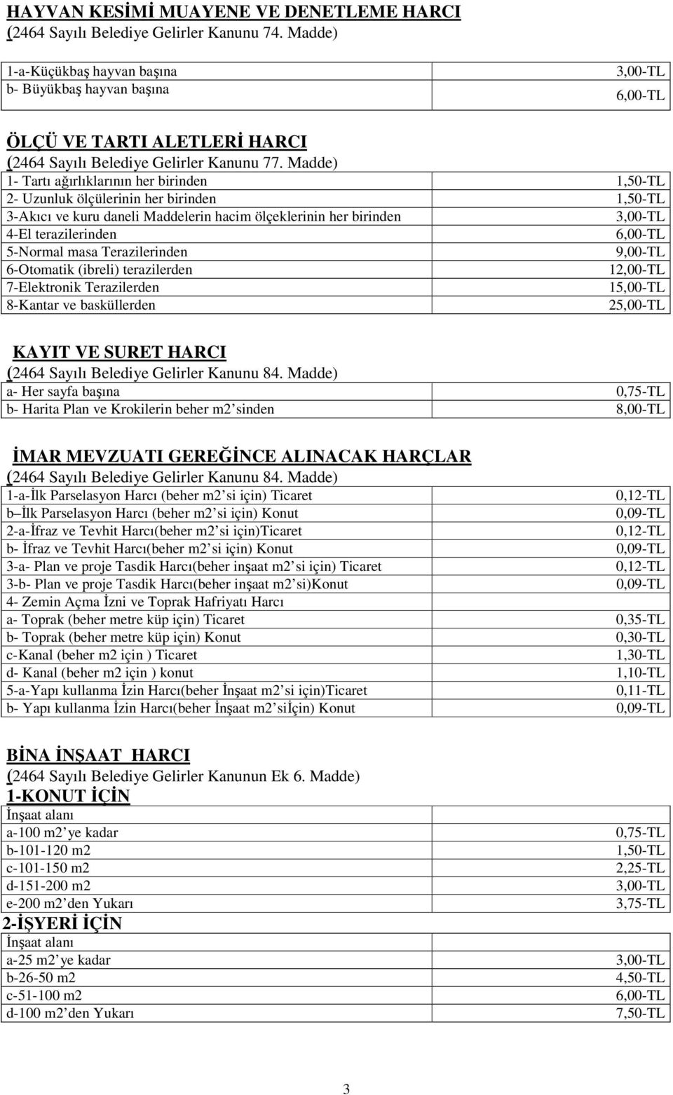 Madde) 1- Tartı ağırlıklarının her birinden 1,50-TL 2- Uzunluk ölçülerinin her birinden 1,50-TL 3-Akıcı ve kuru daneli Maddelerin hacim ölçeklerinin her birinden 3,00-TL 4-El terazilerinden 6,00-TL