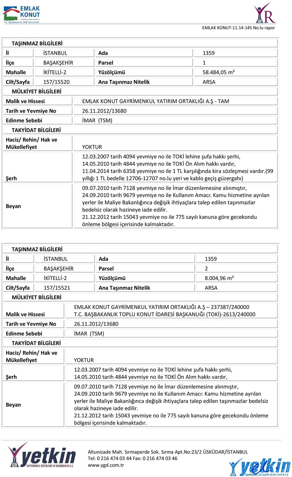 2012/13680 Edinme Sebebi TAKYİDAT BİLGİLERİ Haciz/ Rehin/ Hak ve Mükellefiyet Şerh Beyan EMLAK KONUT GAYRİMENKUL YATIRIM ORTAKLIĞI A.Ş - TAM İMAR (TSM) YOKTUR 12.03.