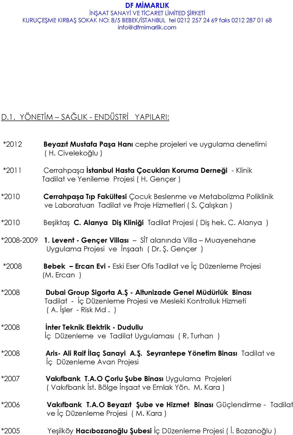 Gençer ) *2010 Cerrahpaşa Tıp Fakültesi Çocuk Beslenme ve Metabolizma Poliklinik ve Laboratuarı Tadilat ve Proje Hizmetleri ( S. Çalışkan ) *2010 Beşiktaş C.